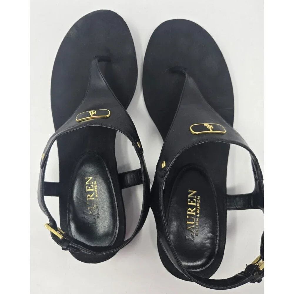Lauren Ralph Lauren Thong Sandals Women's Size 9 Kacy Black Gold T-Strap - Picture 3 of 7